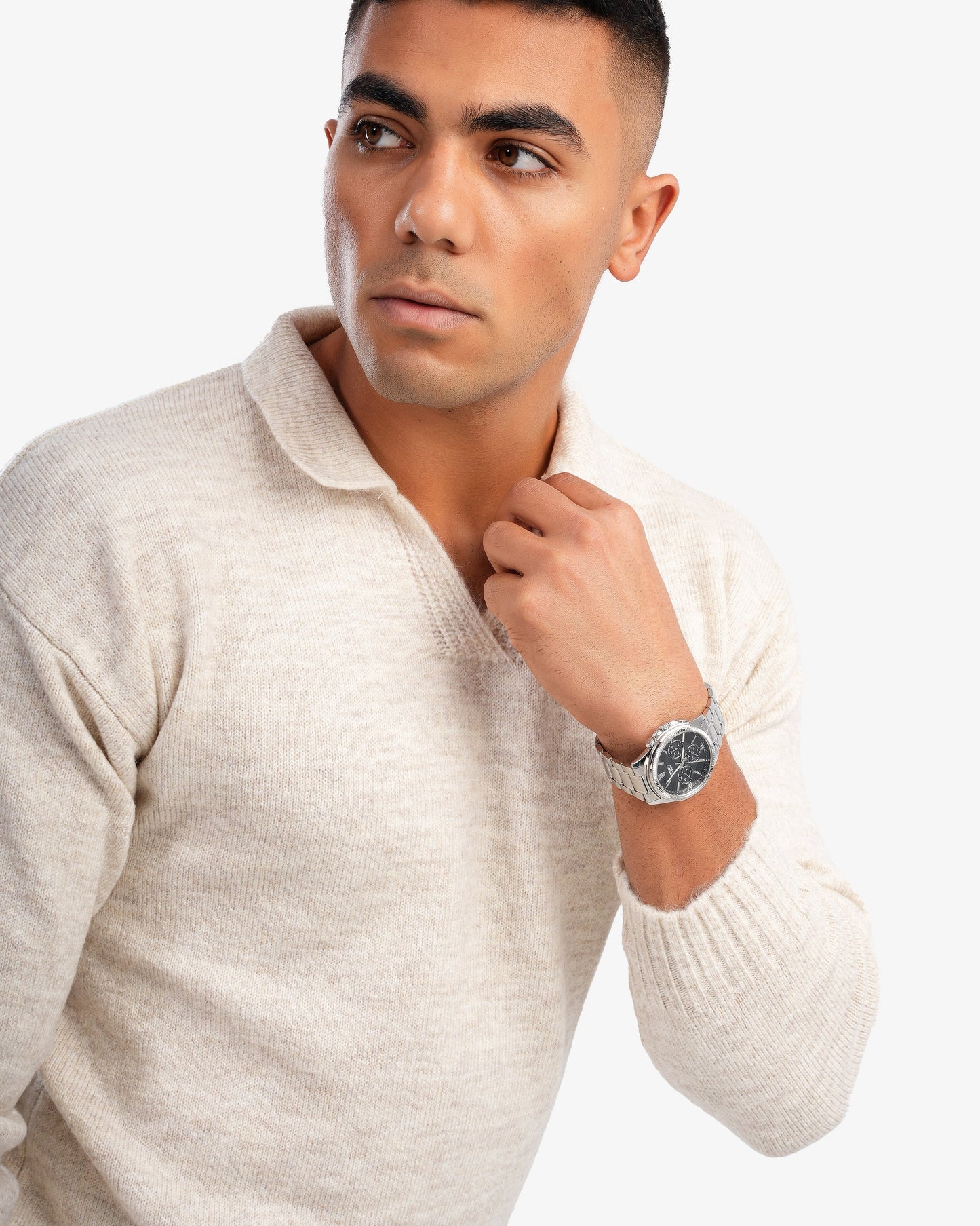 Men’s V Neck Basic Pullover In Beige