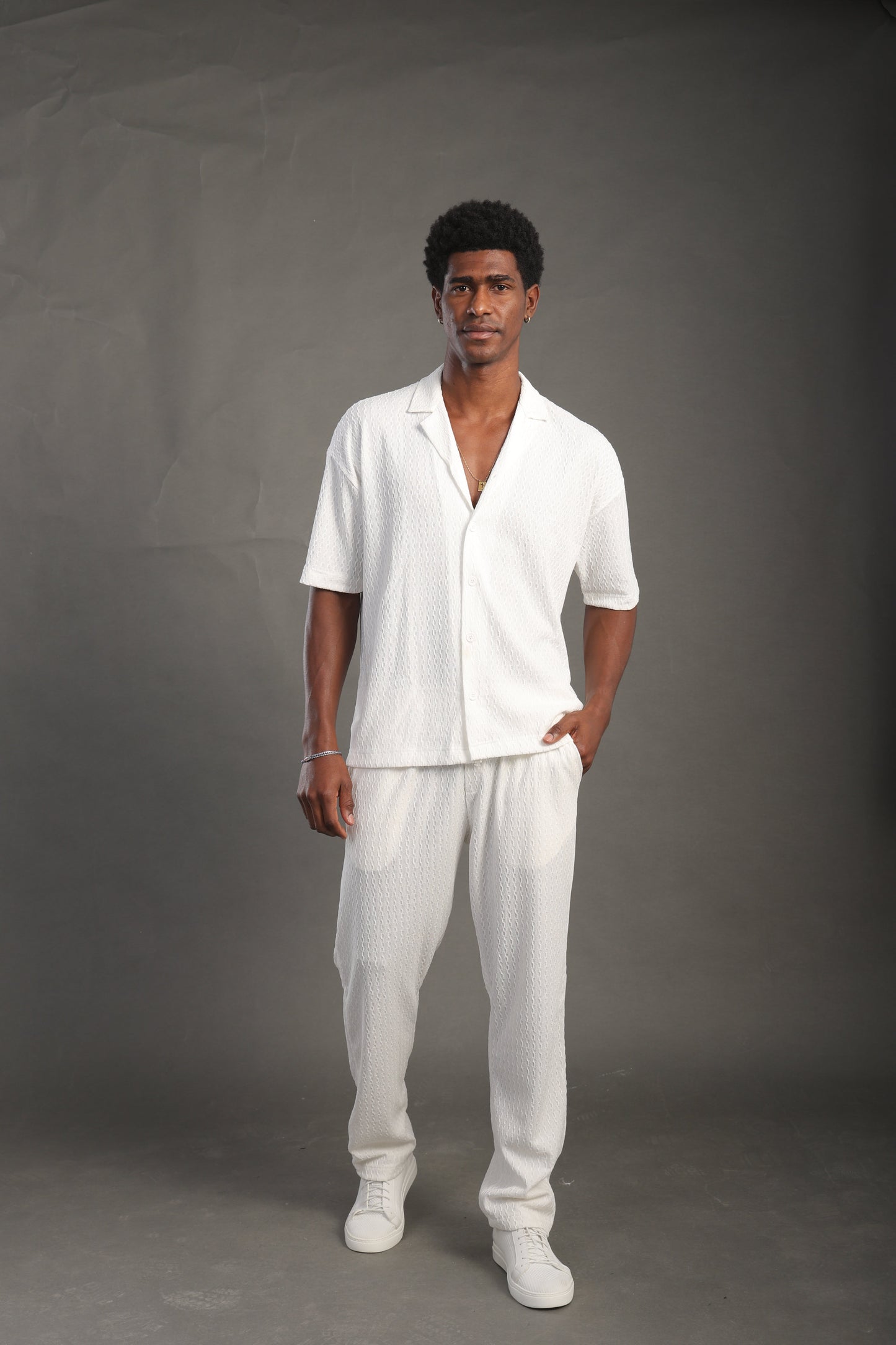 Men's White Dobby Texture Half Sleeve V Neck Collar Shirt
