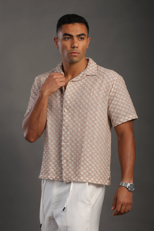 Men's Beige Half Sleeve Printed V Neck Collar Shirt