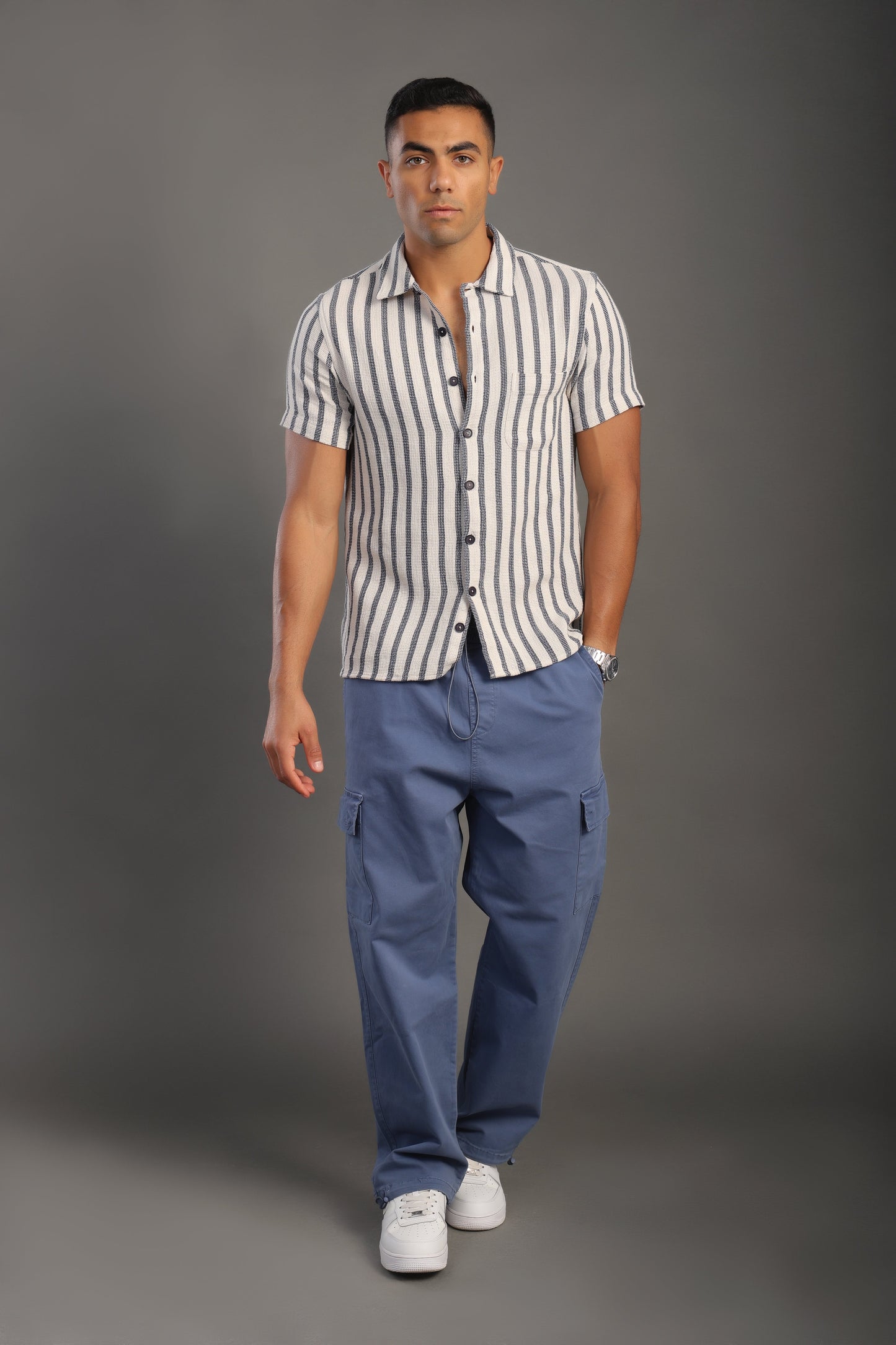 Men's Navyblue Half Sleeve Striped V Neck Collar Shirt