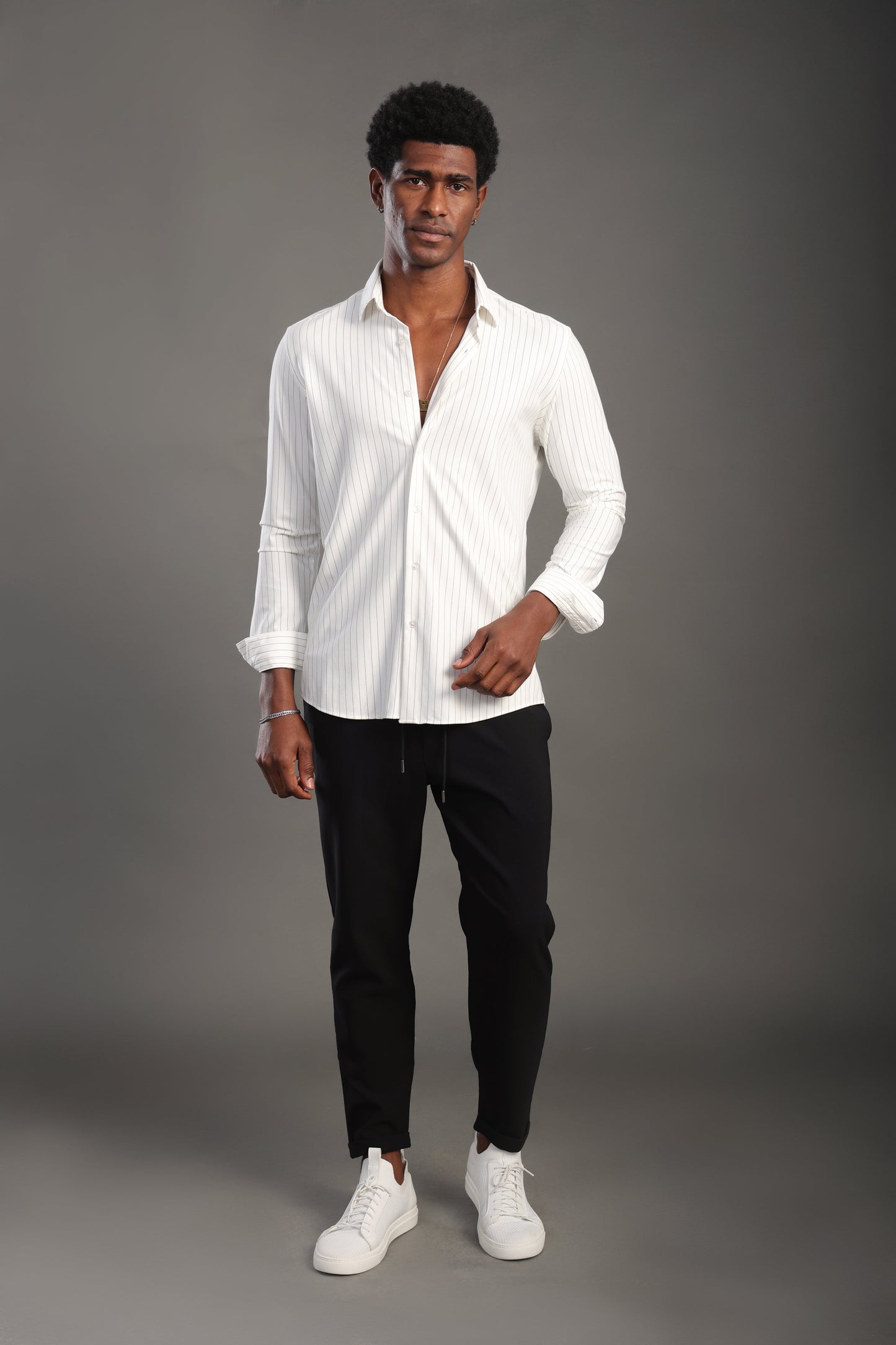 Men's White Striped V Neck Shirt
