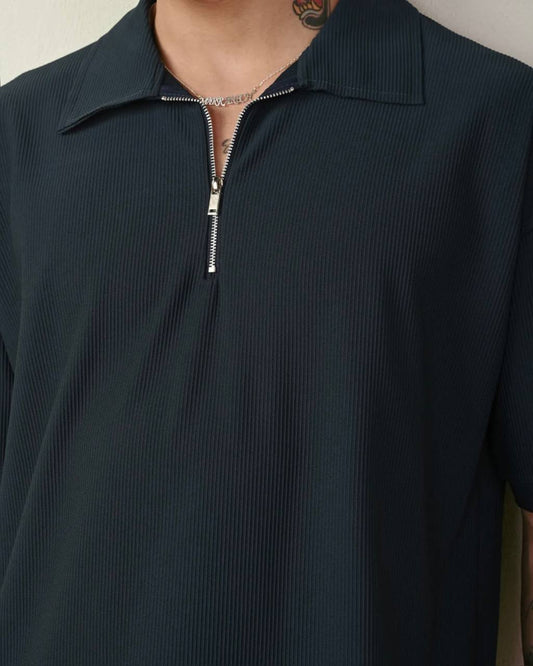 Men's Petrol Blue Zipper Collar T-shirt