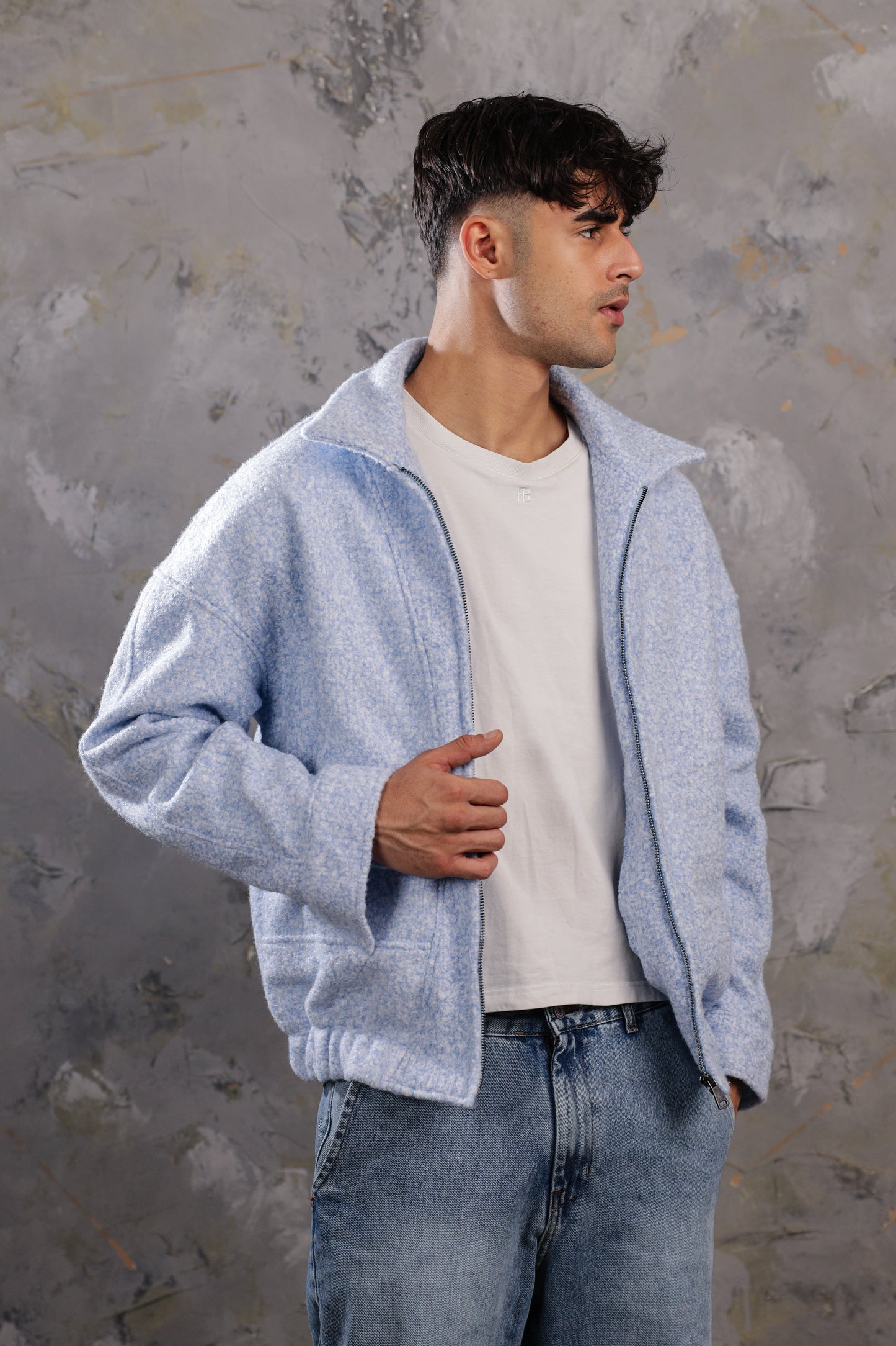 Men's Soft Baby Blue Textured Zip Jacket