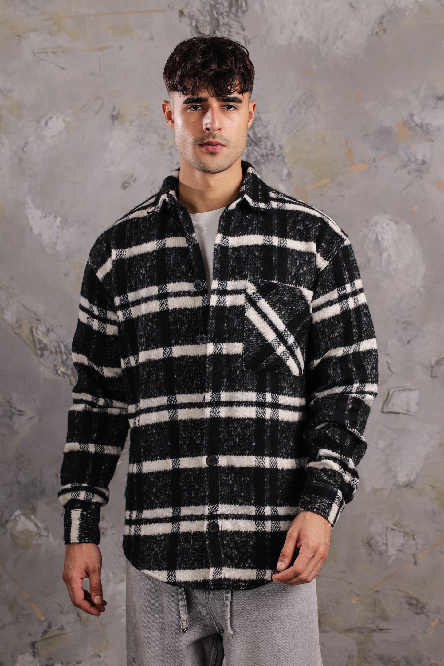 Men's Collar Wool Stripped Long Sleeve Shirt In Black