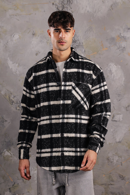 Men's Collar Wool Stripped Long Sleeve Shirt In Black