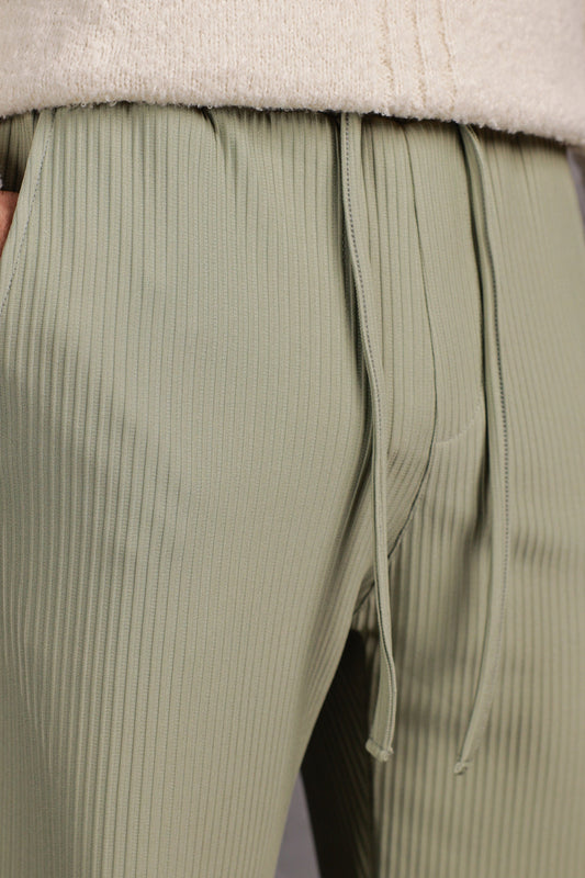 Men's Sage Green Casual Stripes Trousers