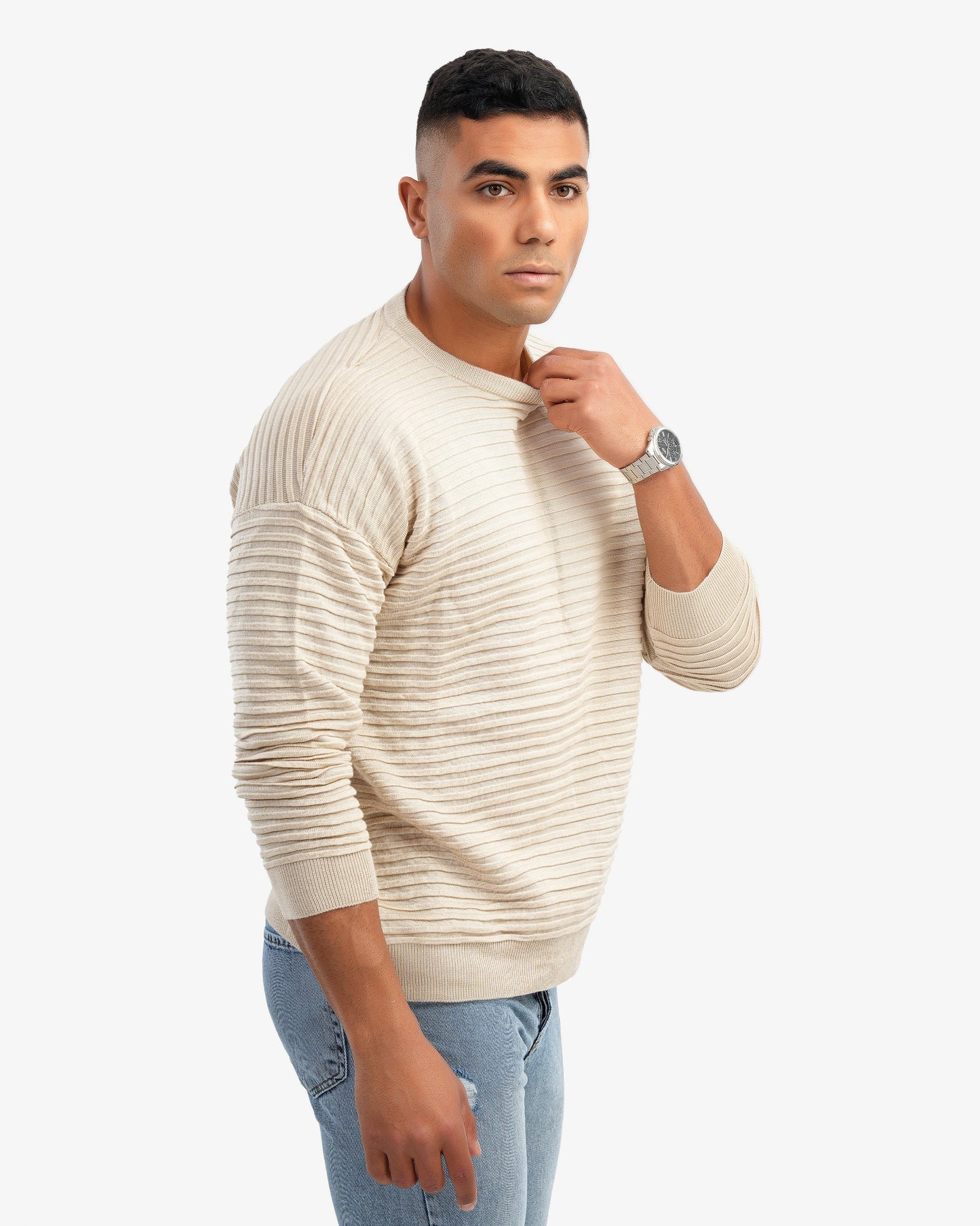 Men’s Crew Neck Ripped Pullover In Beige