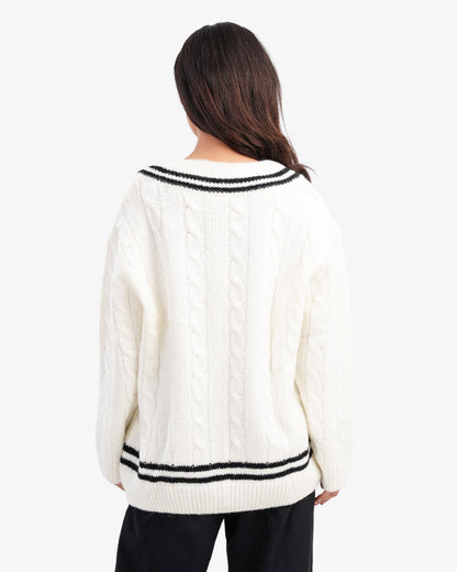 Women's Braided V Neck Pullover In White