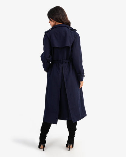 Women's Trench Coat With Gold Toned Buttons In Dark Blue