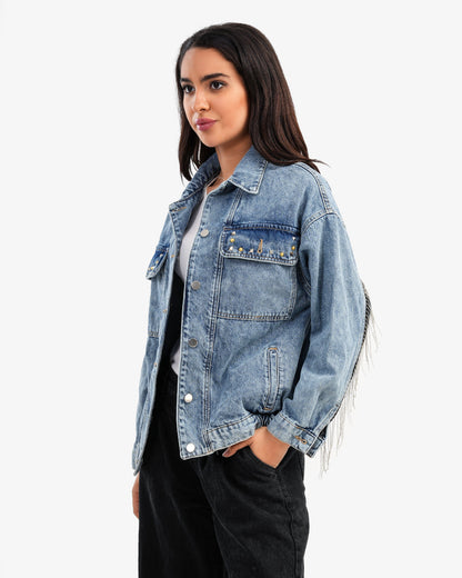 Women's Blue Denim Jacket With Back Pattern