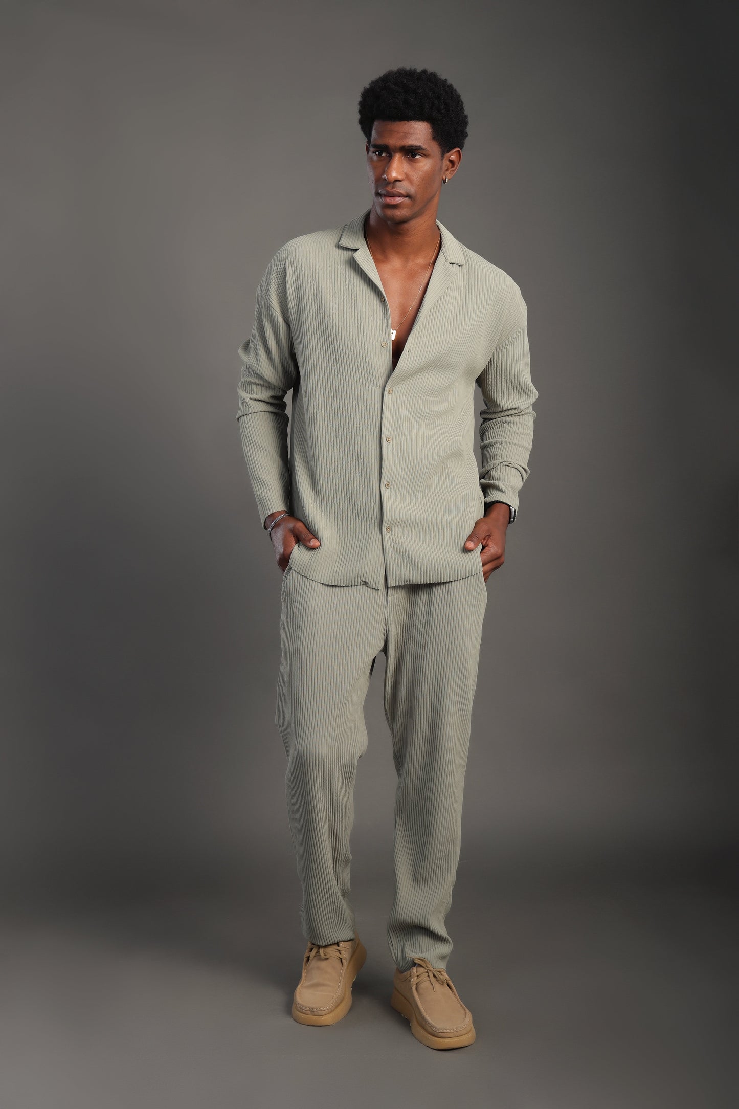Men's Sage Green Long Sleeve Stripes Shirt