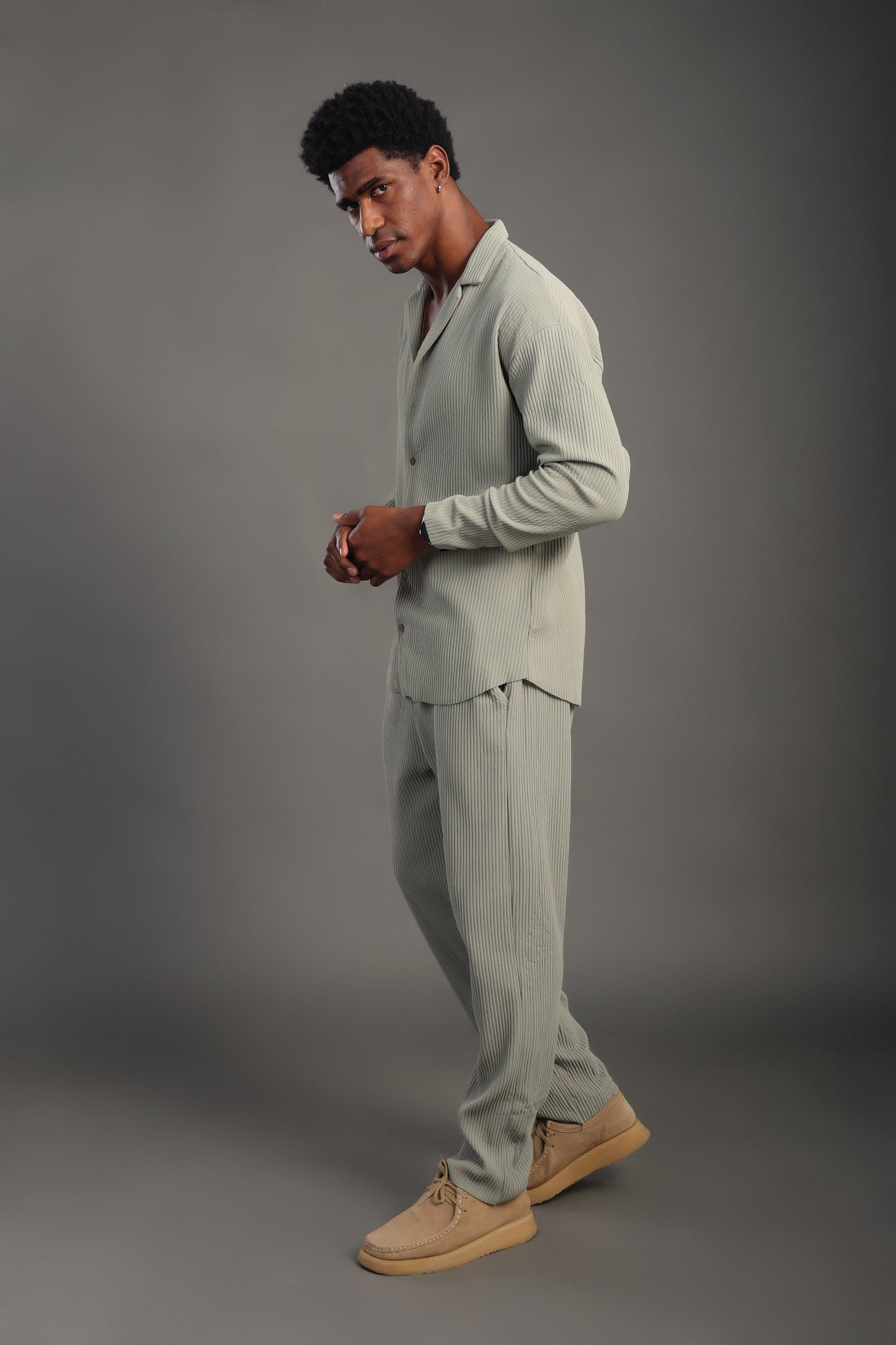 Men's Sage Green Stripes Casual Set