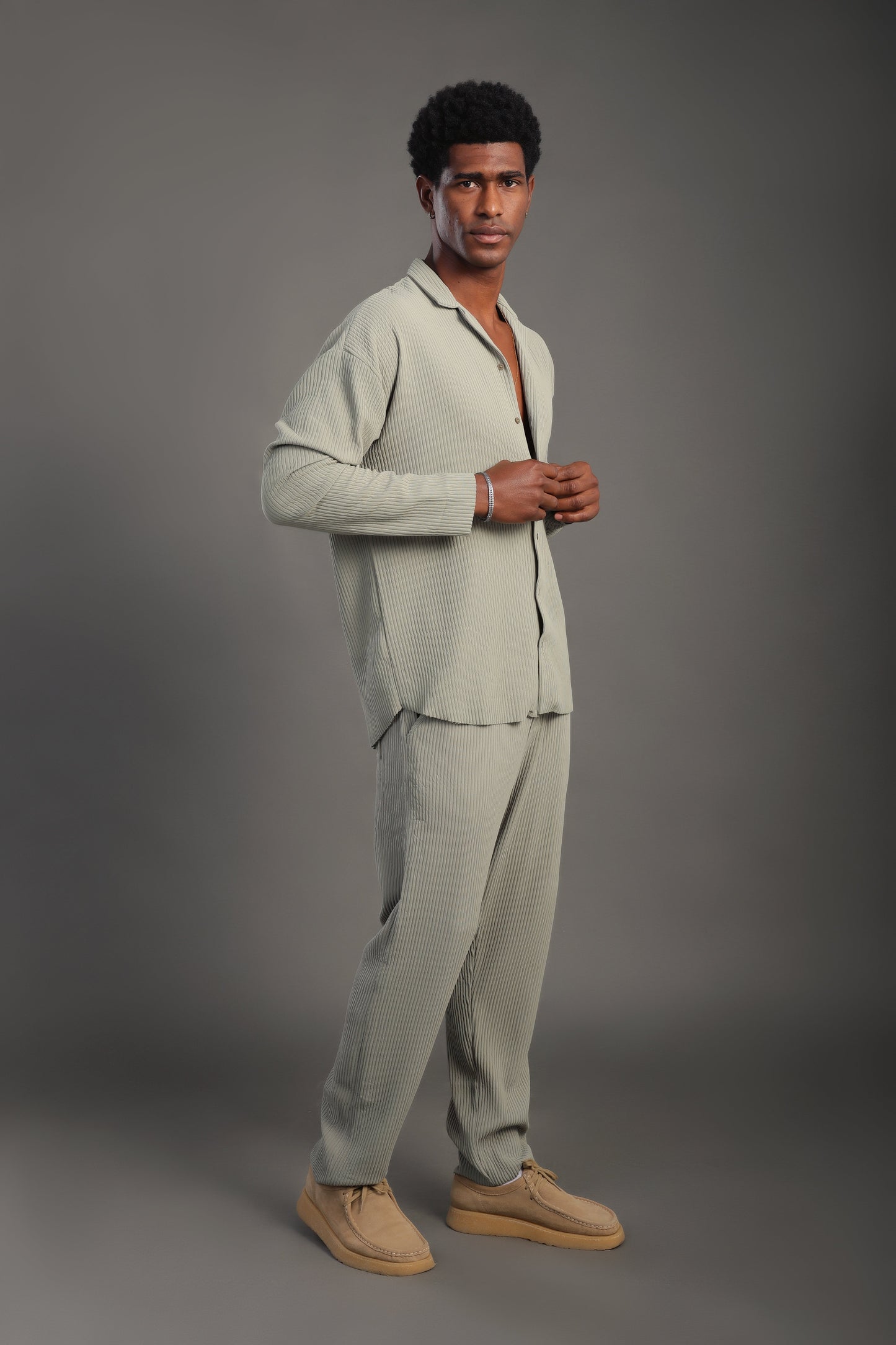Men's Sage Green Stripes Casual Set