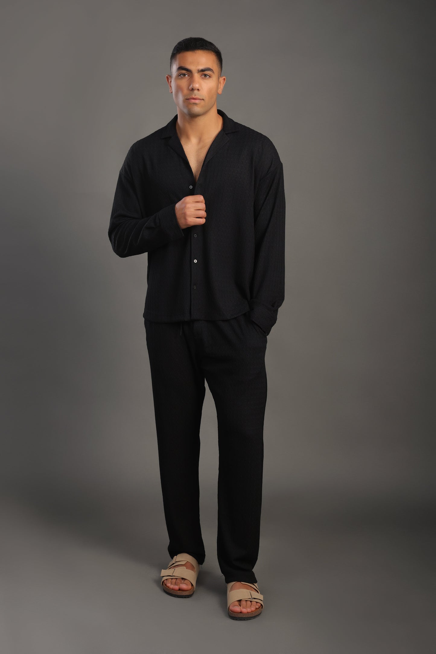 Men's Black Long Sleeve Dobby Texture Shirt