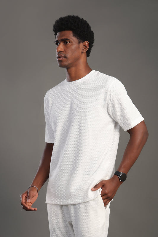 Men's White Dobby Texture Round T-shirt