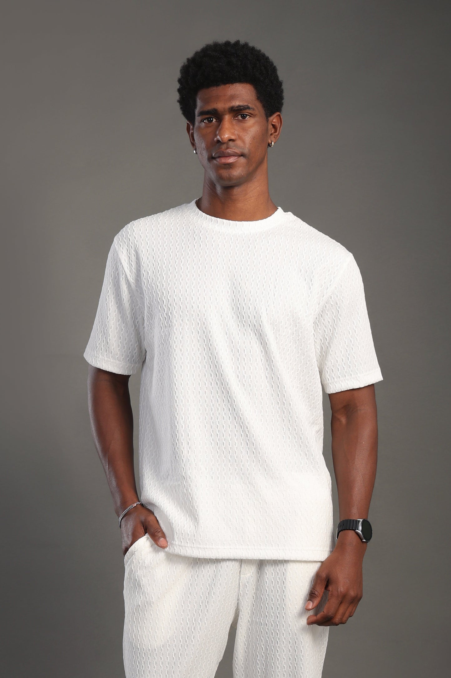 Men's White Dobby Texture Round T-shirt