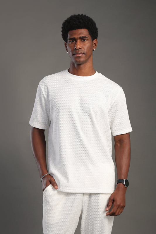 Men's White Dobby Texture Round T-shirt