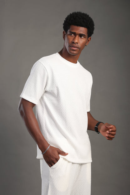Men's White Dobby Texture Round T-shirt