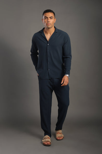 Men's Petrol Blue Stripes Casual Set