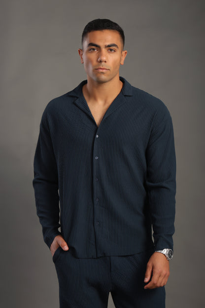 Men's Petrol Blue Long Sleeve Stripes Shirt