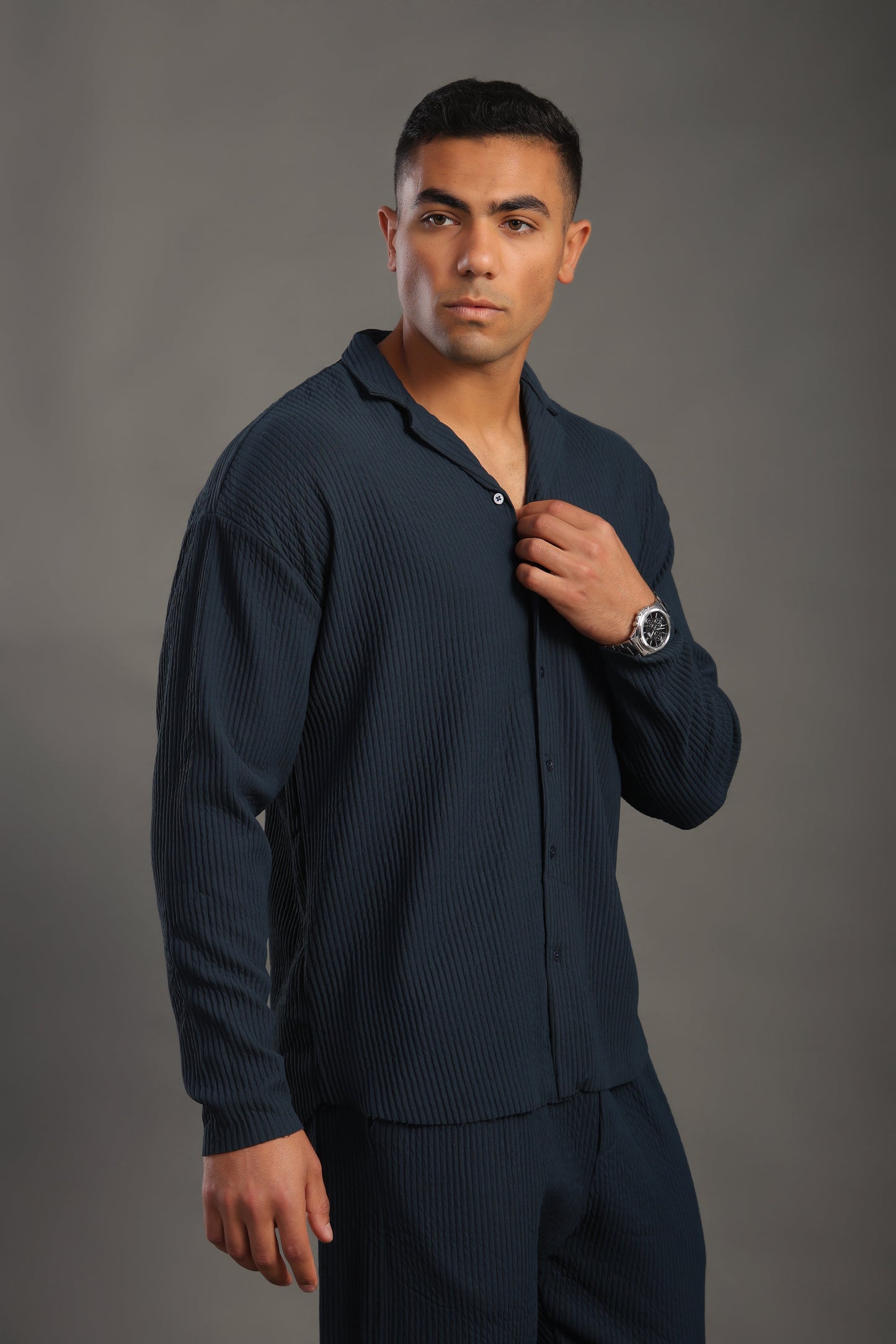 Men's Petrol Blue Long Sleeve Stripes Shirt