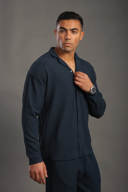 Men's Petrol Blue Long Sleeve Stripes Shirt