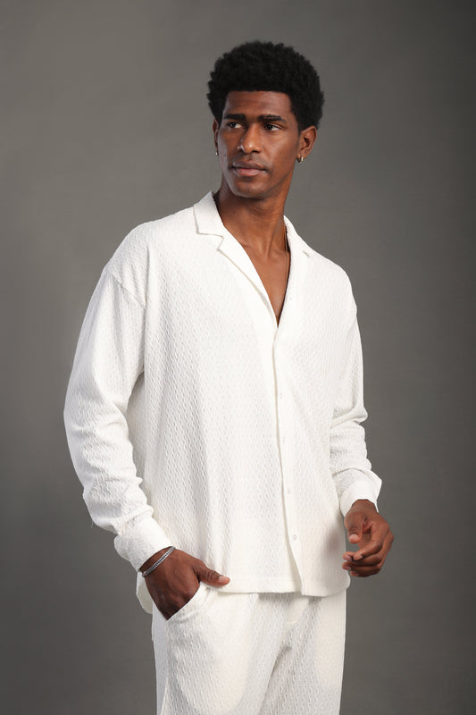Men's White Long Sleeve Dobby Texture Shirt