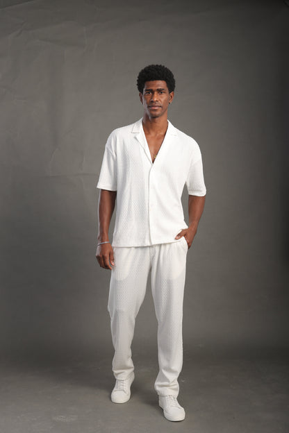 Men's White Dobby Texture Half Sleeve V Neck Collar Shirt