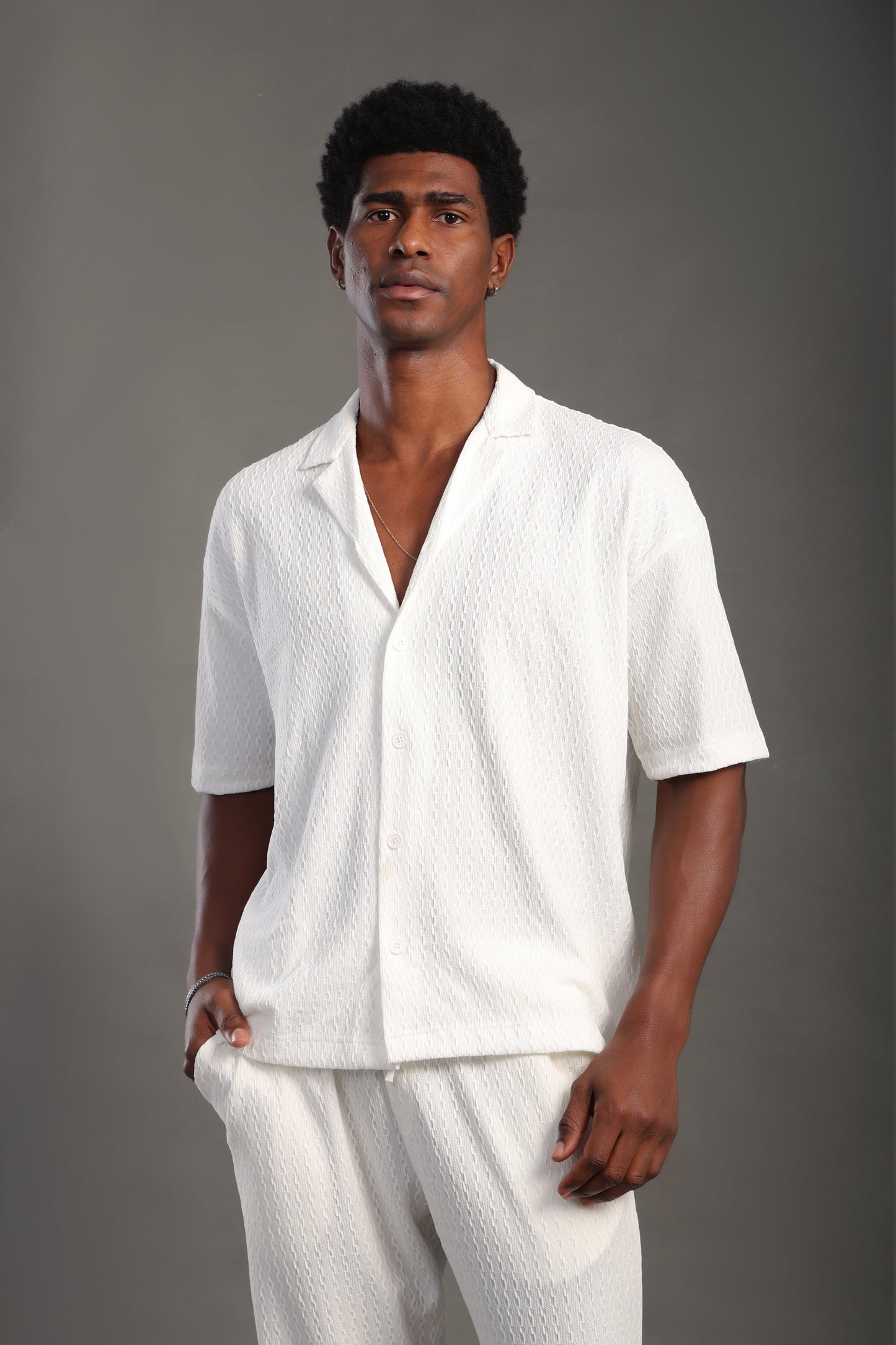 Men's White Dobby Texture Casual Set