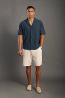 Men's Petrol Blue Half Sleeve V Neck Apache Collar Shirt