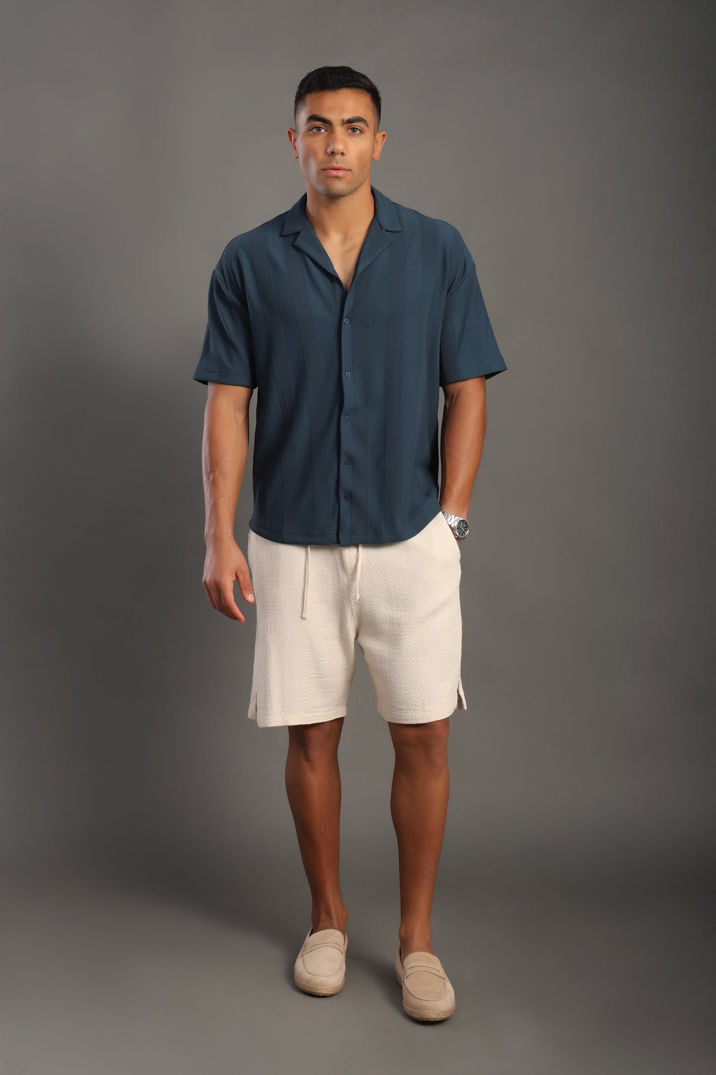 Men's Petrol Blue Half Sleeve V Neck Apache Collar Shirt