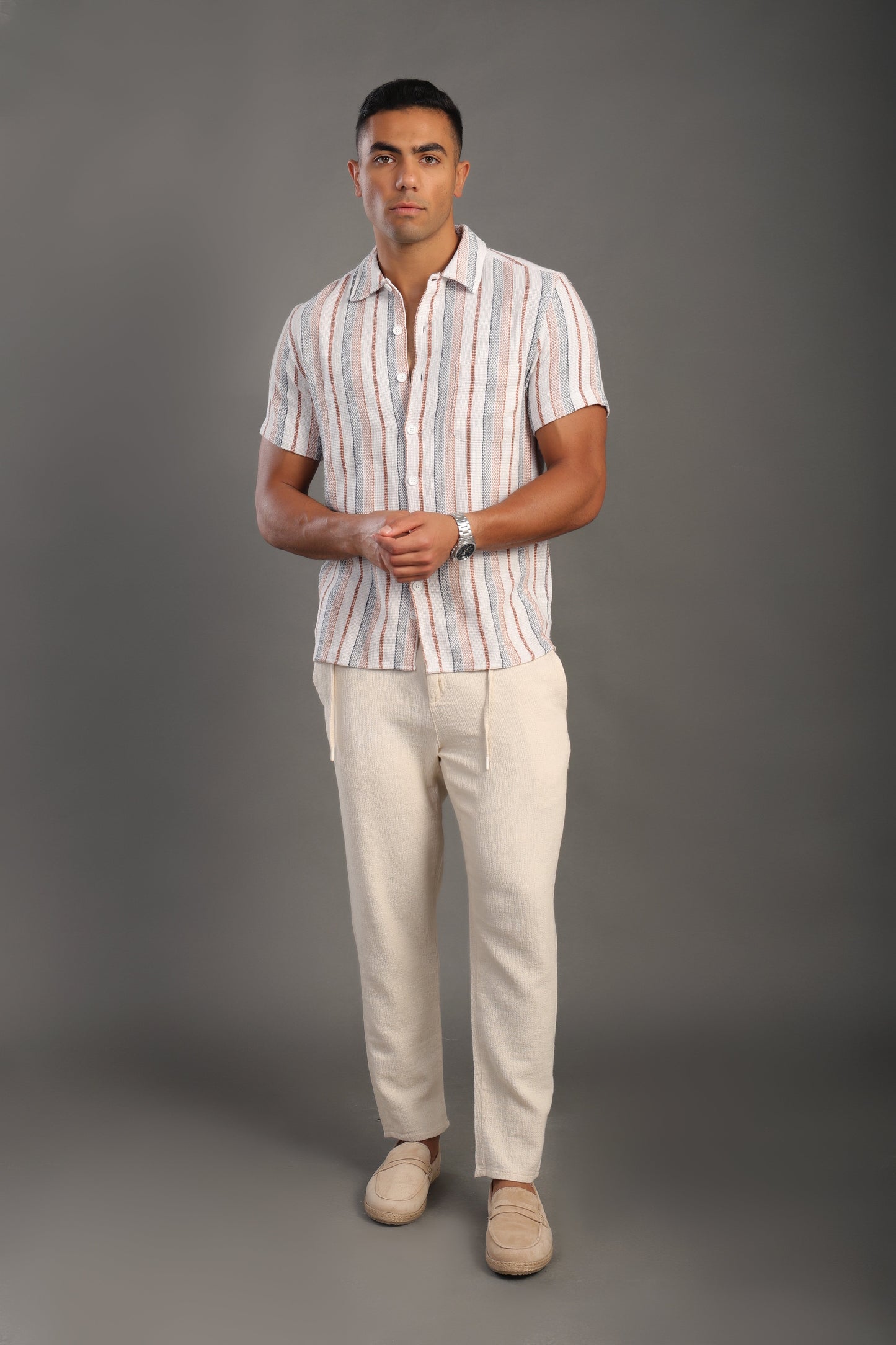 Men's Stone Half Sleeve Striped V Neck Collar Shirt