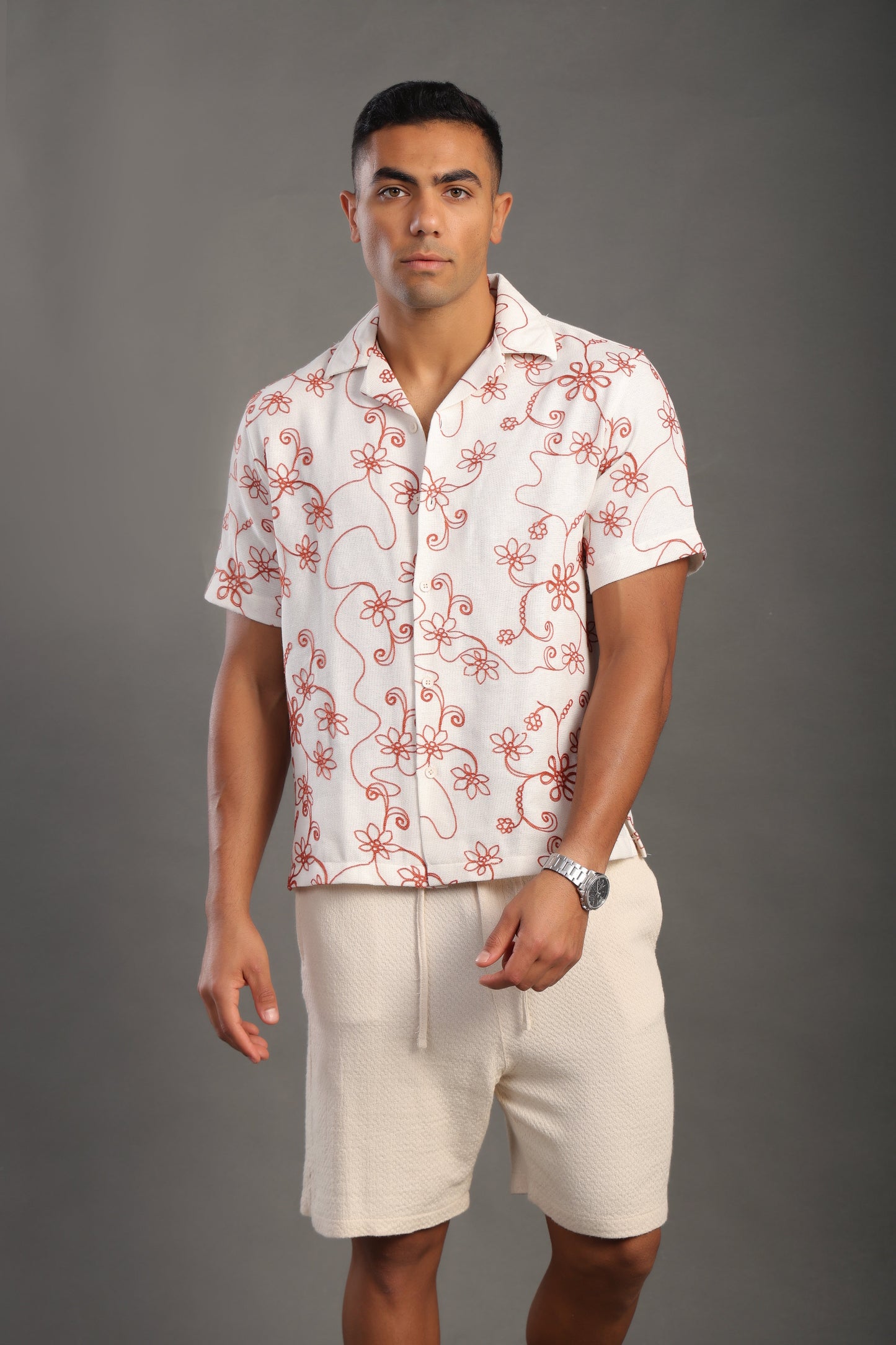 Men's Stone Half Sleeve Printed V Neck Collar Shirt