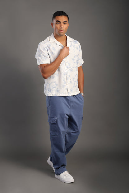 Men's Skyblue Half Sleeve Printed V Neck Collar Shirt
