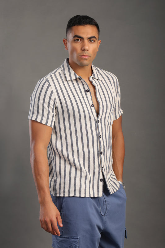 Men's Navyblue Half Sleeve Striped V Neck Collar Shirt
