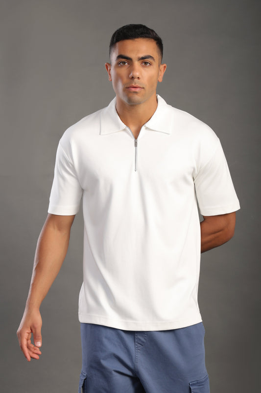 Men's White Zipper Collar T-shirt