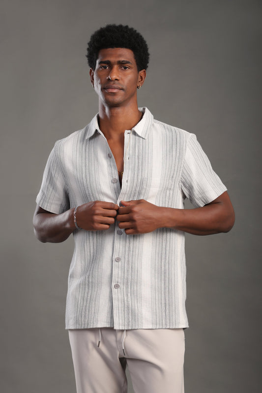 Men's Gray Half Sleeve Striped V Neck Collar Shirt