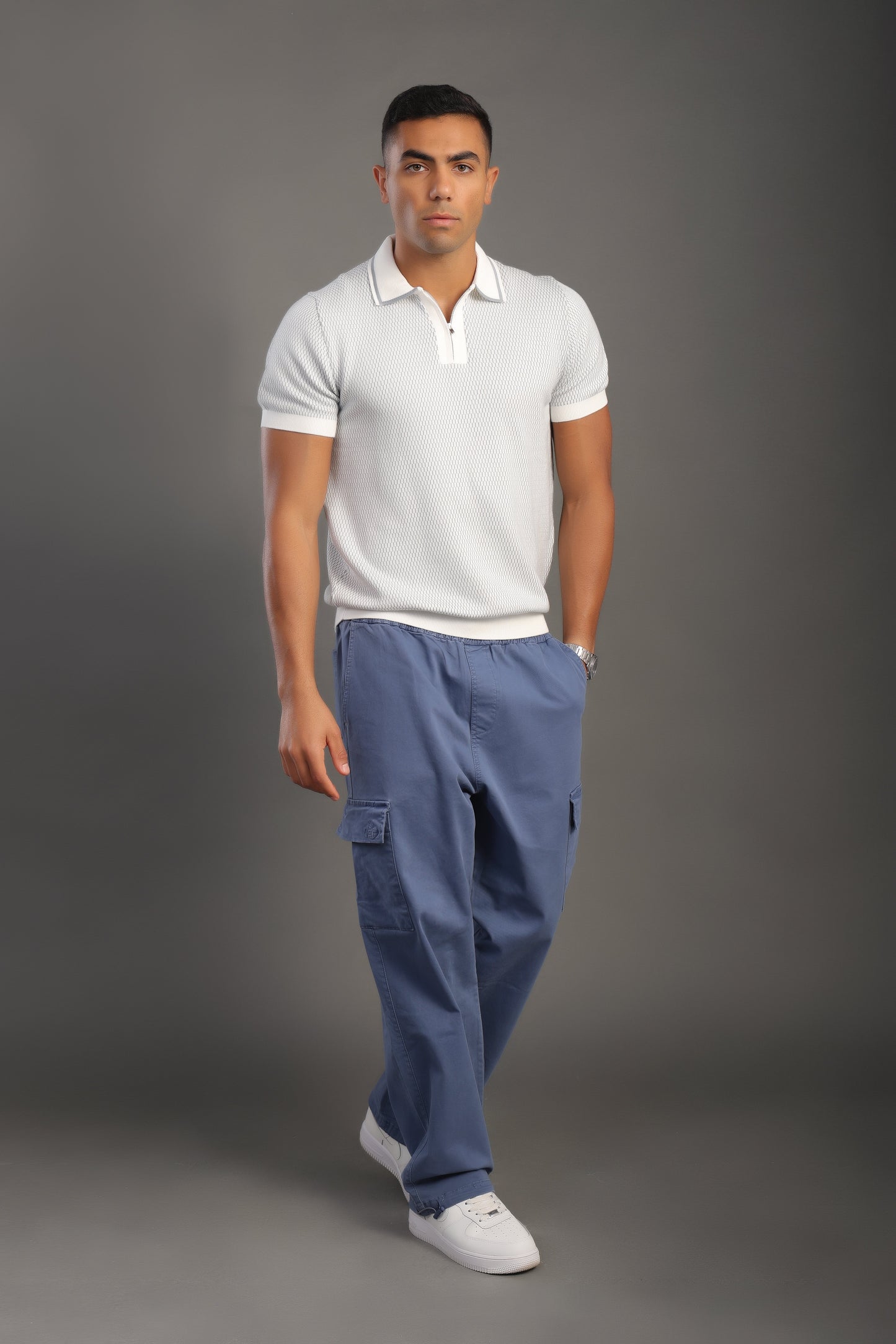 Men's Dotted Gray Zipper Collar T-shirt