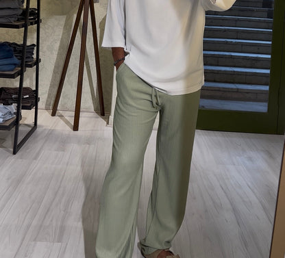Men's Sage Green Casual Stripes Trousers