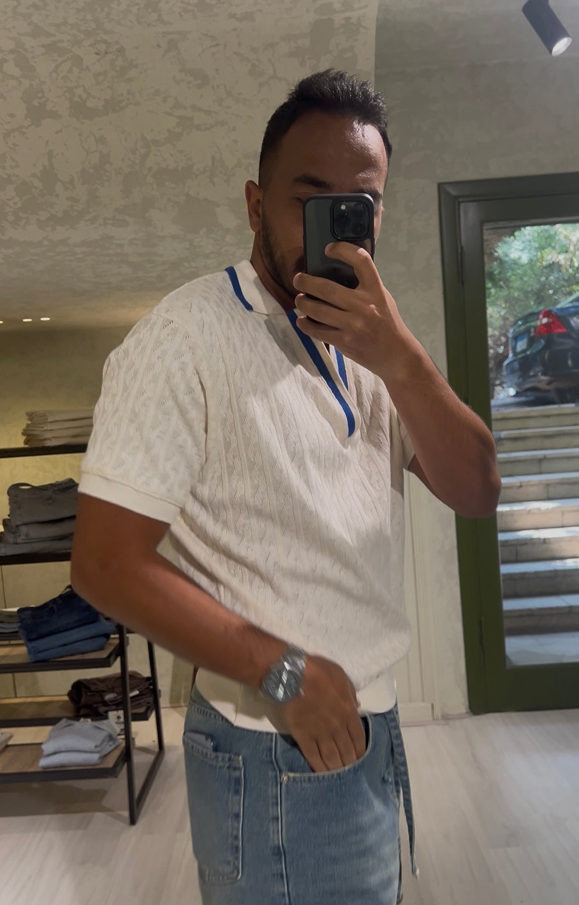 Men's Offwhite In Blue V Neck Collar T-shirt