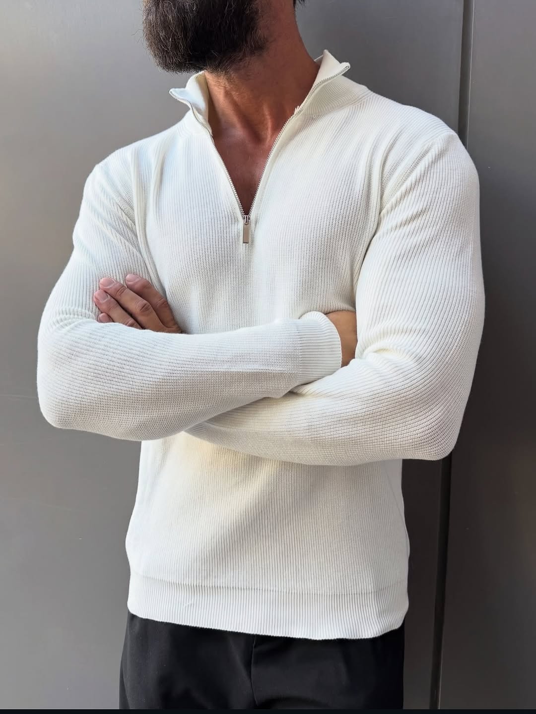 Men's White Quarter-Zip Ribbed Knit Sweater